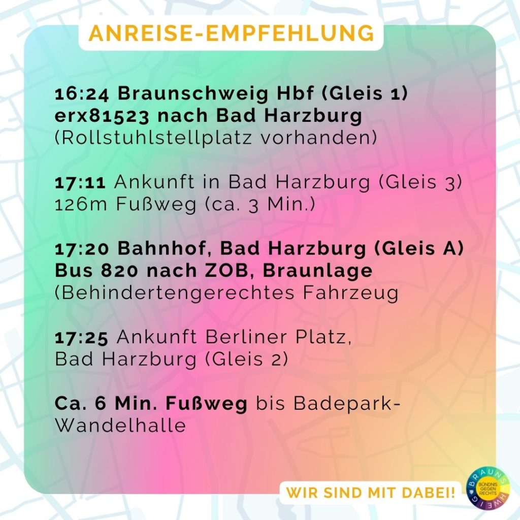 Auf sanftem Farbverlauf diagonal von hellblau über grün, pink und orange zu gelb steht die Anreise-Empfehlung.