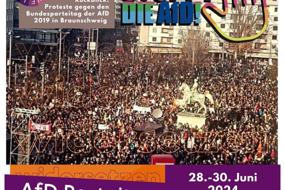 Ein Foto zeigt von der Quadriga auf dem Braunschweiger Schloss aus den Ende November 2019 komplett mit Tausenden Demonstrieren den gegen die AfD gefüllten Platz bis hin auf die andere Straßenseite. Oben ist eine bunt eingefärbte Hand mit dem Schriftzug: Stoppt die AfD! - das Logo einer bundesweiten Kampagne zum Thema. Oben links ist unser Bündnis-Logo. Unten sind in orange, violett und weiß die Infos zu dem Protesten in Essen und die zugehörige Homepage in Farben und Stil der Widersetzen-Kampagne beigefügt.