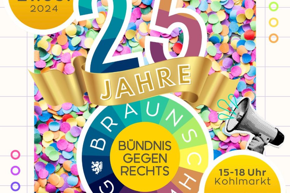 25 Jahre Bündnis gegen Rechts Braunschweig steht groß und bunt in der Mitte. Daneben hält eine Hand ein Megafon, um das feierlich anzukündigen und im Hintergrund ist Konfetti. Alles ist bunt und freundlich.