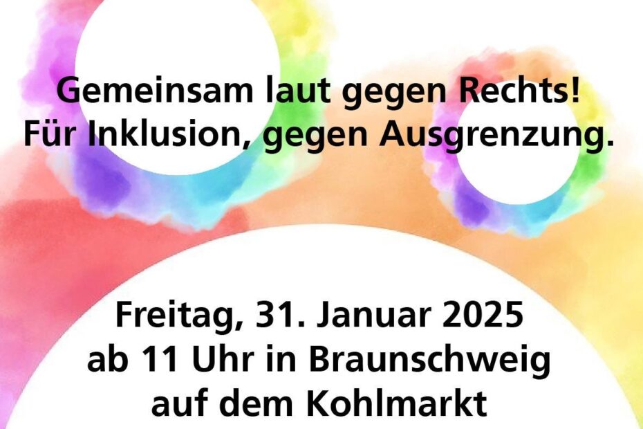 Verschieden große weiße Kreise sind von einem wolkigen, fluffigen Bereich in Regenbogenfarben umgeben. Drumherum steht der Infotext: Initiator der Demo: Die Bewohnervertretung der Lebenshilfe Helmstedt-Wolfenbüttel Infos unter: Bewohnervertretung@lebenshilfe-he-wf.de