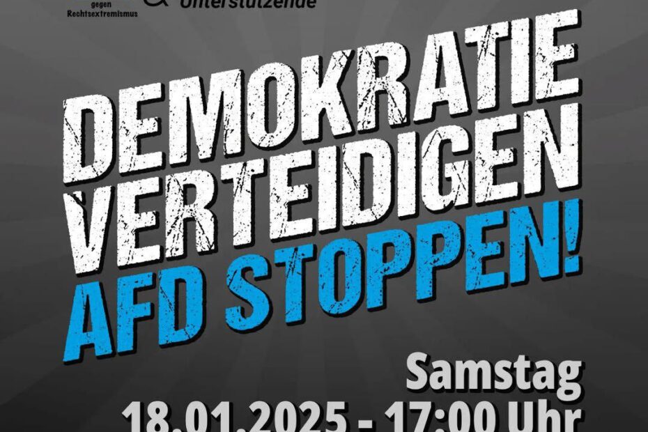 Auf grauem Hintergrund steht in schräger Schrift in weiß: Demokratie verteidigen und darunter in blau: AfD stoppen! Oben ist das Logo vom Bündnis Goslar gegen Rechtsextremismus. Daneben steht: und viele weitere Unterstützende. Unten stehen Datum, Zeit und Ort.