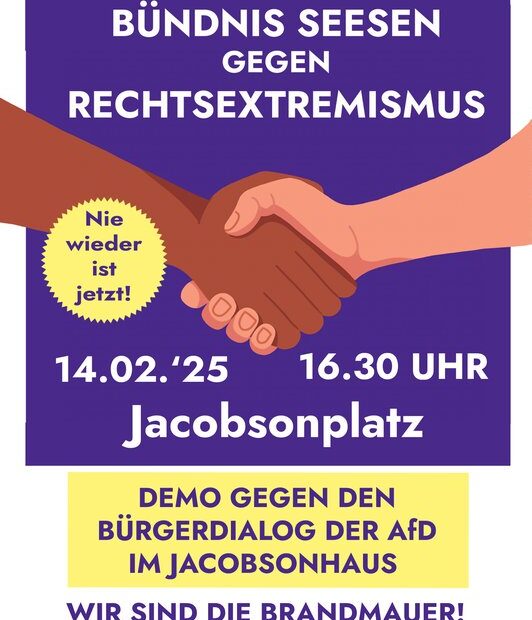 Vor lilanem Hintergrund schütteln sich zwei Hände - ein Arm gehört einer Schwarzen Person. Darüber steht: Nie wieder ist jetzt! Drumherum die wichtigsten Infos zum Protest in Seesen.