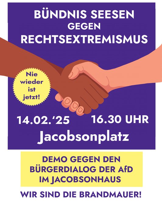 Vor lilanem Hintergrund schütteln sich zwei Hände - ein Arm gehört einer Schwarzen Person. Darüber steht: Nie wieder ist jetzt! Drumherum die wichtigsten Infos zum Protest in Seesen.