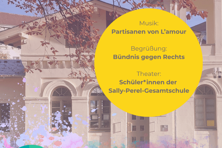 Plakat vor einem hellen Gebäude mit Herbstlaub und blauem Himmel. Oben steht in großer Schrift: „Erinnern heißt handeln“. Darunter: „81. Jahrestag der Befreiung vom Faschismus“. In einem gelben Kreis: Musik „Partisanen von L’amour“, Begrüßung „Bündnis gegen Rechts“, Theater „Schüler*innen der Sally-Parel-Gesamtschule“. Unten: „Gedenkveranstaltung am 08. Mai 2026, 17:15 Uhr, Gedenkstätte KZ-Außenlager Schillstraße“. Links unten ein rundes, mehrfarbiges Logo „Braunschweig – Bündnis gegen Rechts“.